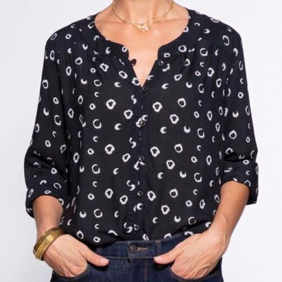 Rockflowerpaper onyx Black Noire Mandarin Collar Button Front Tunic Blouse - Picture 2 of 9